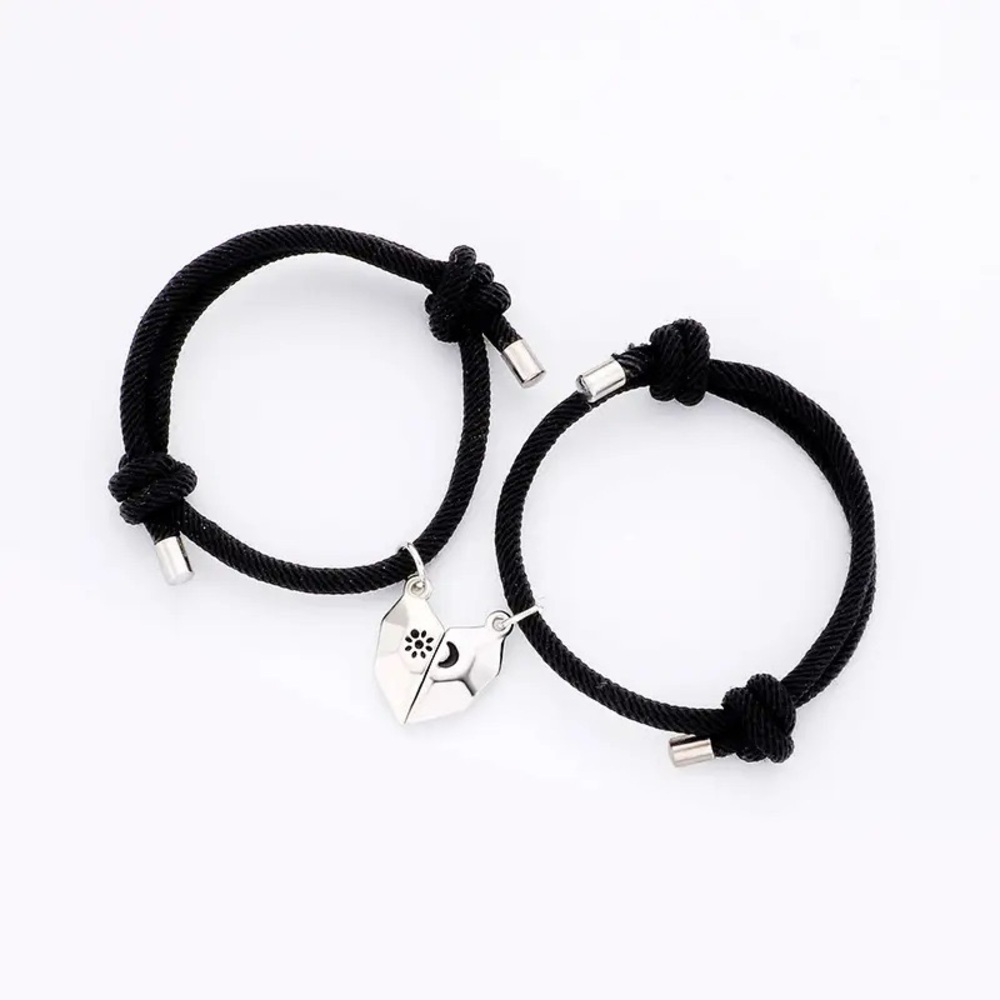 2pcs Couple Bracelet Set with Heart Sun and Moon Magnetic Buckle - Black